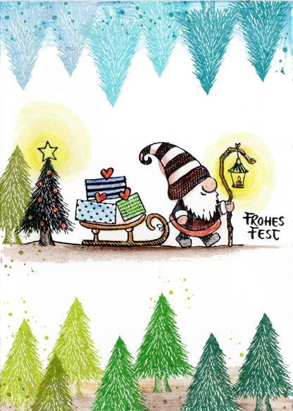 Stempel Wichtel mit Schlitten