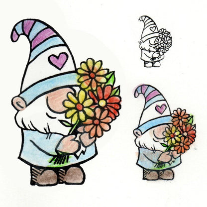 Stempel Wichtel mit Blumenstrauß