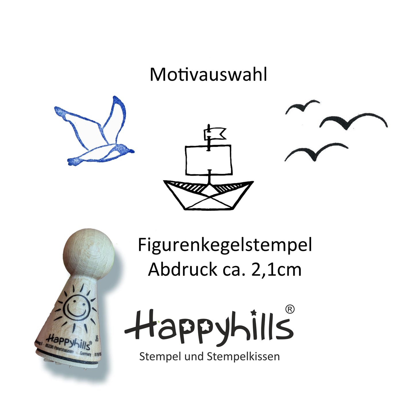 Kegelstempel Möwe, Segelschiff und Vogelschwarm Auswahl oder Set